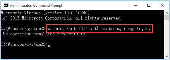 use bcdedit to fix F8 not working Windows 10/8 issue
